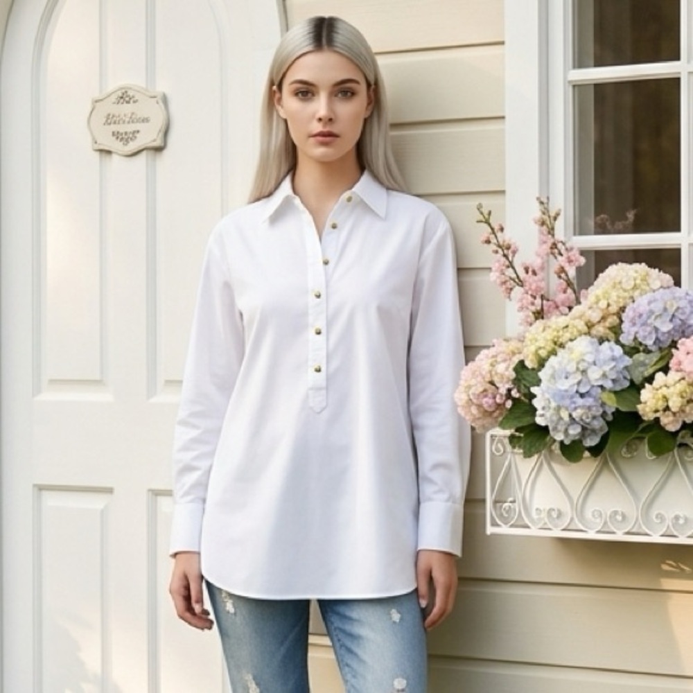 EUC Grand & Greene SZ M white tunic collared top/elbow length sleeves/PTP 23.5”